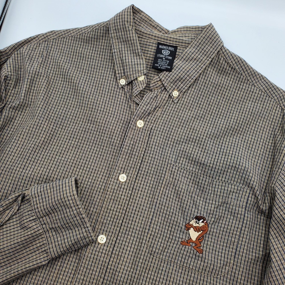 Vintage Warner Bros Studio Store Taz Tasmanian Devil Check Button Down Shirt M